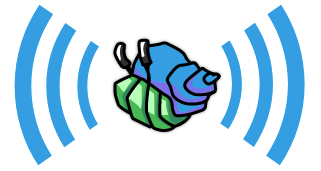 tinySSB logo showing a shell (and its crab) as well as blue radiowaves which stand for Bluetooth Low Energy or LoRa